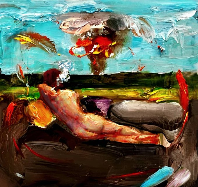 An abstract expressionist painting with thick brushstrokes depicting a fish-like figure above a reclining human form in red and flesh tones against a turquoise and dark background.