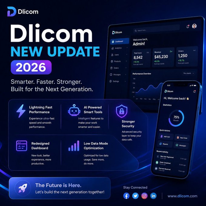 "Dlicom 2026 Update is Here! Dlicom is getting a powerful new upgrade: Faster than ever with lightning-fast performance Advanced AI-powered smart tools Enhanced security for better protection Completely redesigned modern dashboard Optimized Low Data Mode for". Focus on what is in the image and how it relates to the post.