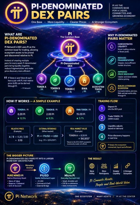 An infographic titled "PI-DENOMINATED DEX PAIRS" explaining how Pi Network's DEX uses Pi as a common base for trading, with example pricing for TOKEN A, TOKEN B, TOKEN C, and RWA pairs against Pi.