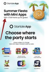 An advertisement for Startale App featuring 'Summer Fiesta with Mini Apps', promoting 100+ Startale Points up for grabs, with the tagline 'Choose where the party starts.'