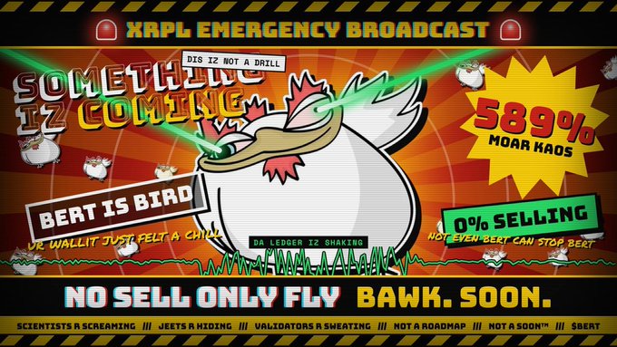 A chaotic meme-style 'XKPL Emergency Broadcast' graphic with a bird shooting lasers, declaring 'BERT IS BIRD' and '589% MOAR KAOS.'
