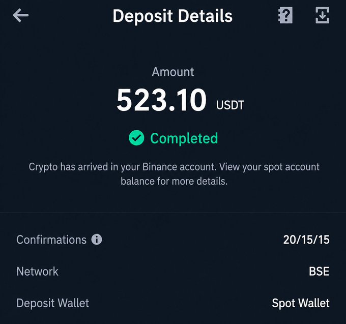 A cryptocurrency deposit confirmation screen showing 523.10 USDT successfully received in a Spot Wallet via the BSE network with 20/15/15 confirmations. The image relates to crypto earnings, illustrating a completed deposit typical of funds received from promotional campaigns.