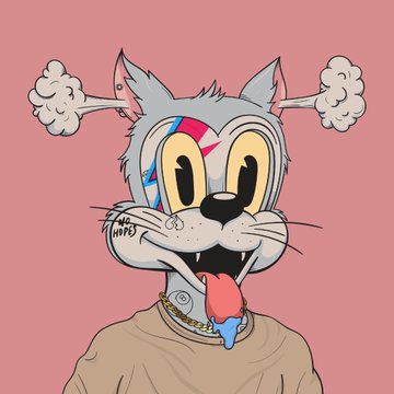 A cartoon illustration of a gray cat-like creature with bone-shaped antennae, bulging yellow eyes, and a lolling tongue on a pink background, with the artist's signature 'MAC' visible on the cheek.