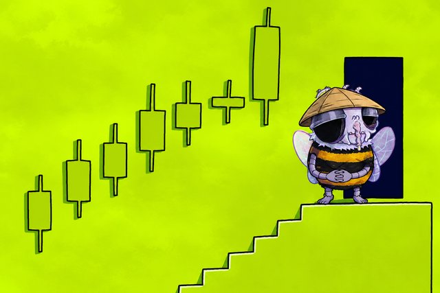 An illustration of a skeletal bee character wearing a conical hat, sunglasses, and holding a sword, standing on steps with a row of candlestick chart patterns shown on the left against a bright green background.