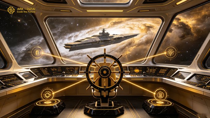 A futuristic spaceship bridge features an ornate ship's wheel at the center, flanked by glowing holographic interfaces, with a sleek spacecraft visible through a panoramic window overlooking a galaxy. The "ARK | DeFAI" logo in the corner ties into the post's theme of Arkie AI evolving into an autonomous command center where AI agents navigate and execute complex workflows with minimal manual intervention.