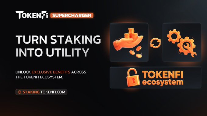 A promotional graphic for TokenFi Supercharger featuring the bold tagline "TURN STAKING INTO UTILITY" alongside illustrations of a hand holding coins, gears, and a padlock unlocking the TokenFi ecosystem, directing viewers to staking.tokenfi.com to access exclusive benefits by locking $TOKEN.