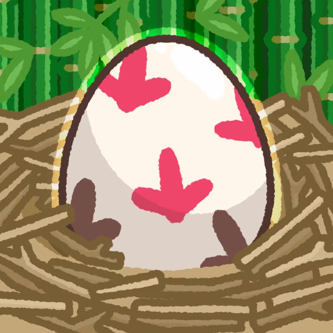 A digital illustration of a large white egg with pink spots sitting in a nest of brown straw, with green foliage in the background.