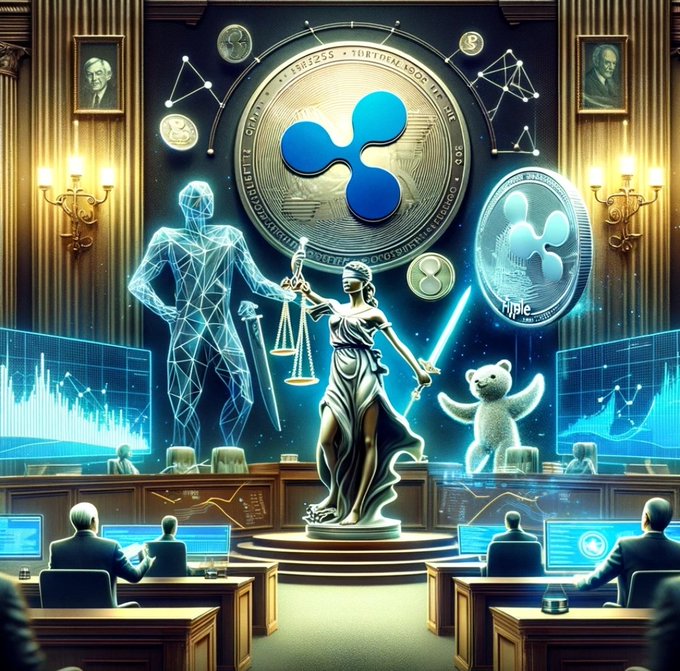 A digital artwork depicting a courtroom scene with a statue of Lady Justice holding scales and a sword, set against a large backdrop featuring the blue Ripple (XRP) cryptocurrency logo.