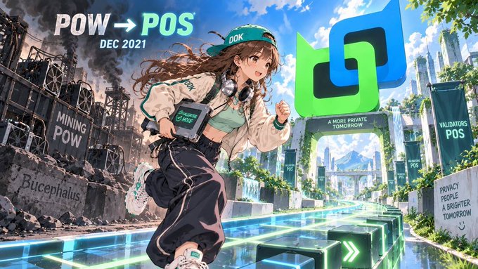 An anime-style artwork depicts a determined female character running from a destroyed industrial landscape labeled 'MINING POW' toward a futuristic city with text reading 'POW → POS DEC 2021,' 'VALIDATORS POS,' 'A MORE PRIVATE TOMORROW,' and 'PRIVACY POWERS A BRIGHTER TOMORROW,' alongside the Flashbots logo.
