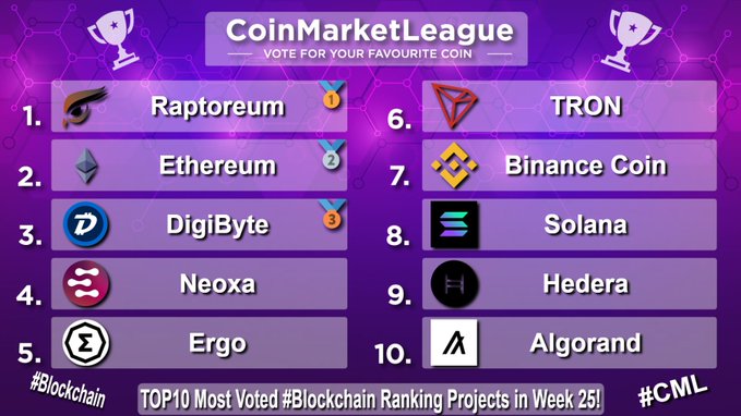 The image features a purple background with white text, displaying a list of cryptocurrency rankings for the top 10 most voted projects. The text includes the names of various cryptocurrencies such as Bitcoin, Ripple, Ethereum, Digibyte, Etherum, Etherum, Etherum, Etherum, and Etheum. The post also mentions that the coinmarketplace is a vote for your favorite coin.