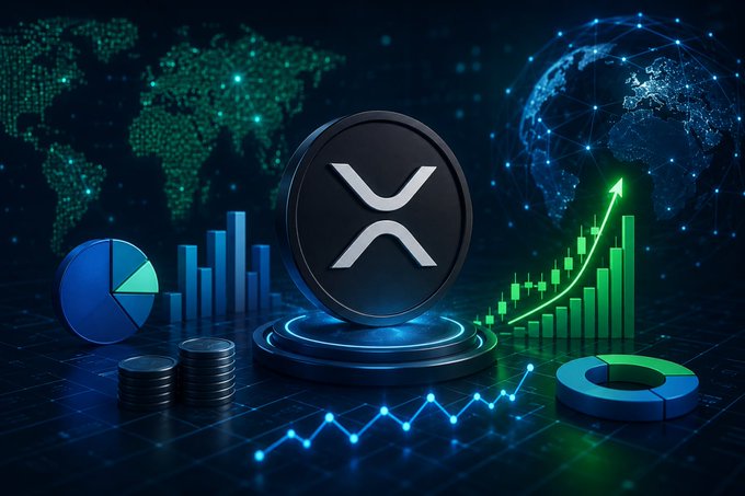 A digital financial graphic featuring the XRP (Ripple) logo prominently in the center, surrounded by glowing charts, a world map, and rising green market trend graphs.