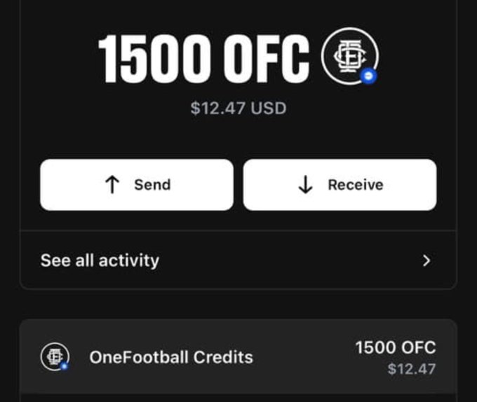 The image shows a crypto wallet interface displaying a balance of **1500 OFC ($12.47 USD)** with Send and Receive options, alongside a "OneFootball Credits" entry. It relates to the post by confirming that OFC rewards from the Polymarket Quests have been successfully delivered to the user's wallet.