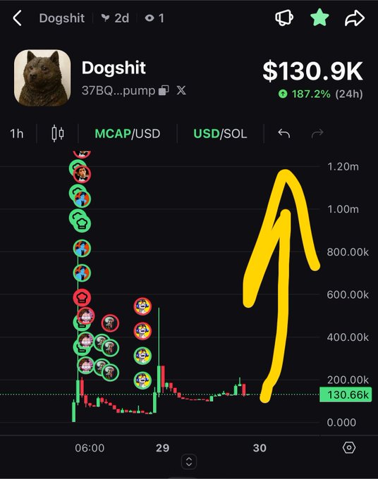 A cryptocurrency chart for 'Dogshit' (37BQ...pump) shows a price of $130.9K with a 187.2% increase over 24 hours, with a hand-drawn yellow arrow highlighting a sharp upward spike.