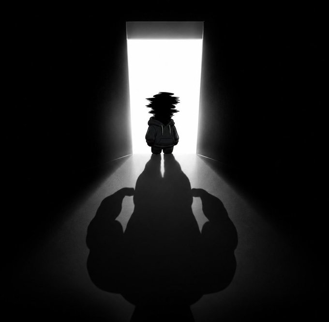 The image features a person standing in front of an open door, with their shadow cast on the floor behind them. The scene takes place in a dark room, which adds to the mysterious atmosphere. The caption provided seems unrelated to the image itself or its context. It is unclear what the image is trying to convey and whether it has any connection to the post about Arsenal losing the UCL during the summer season.