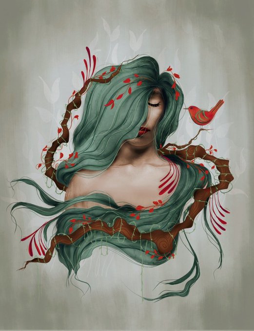 An artistic illustration of a woman with flowing teal hair intertwined with branches and red leaves, with a small red bird perched on a branch near her head against a muted background.