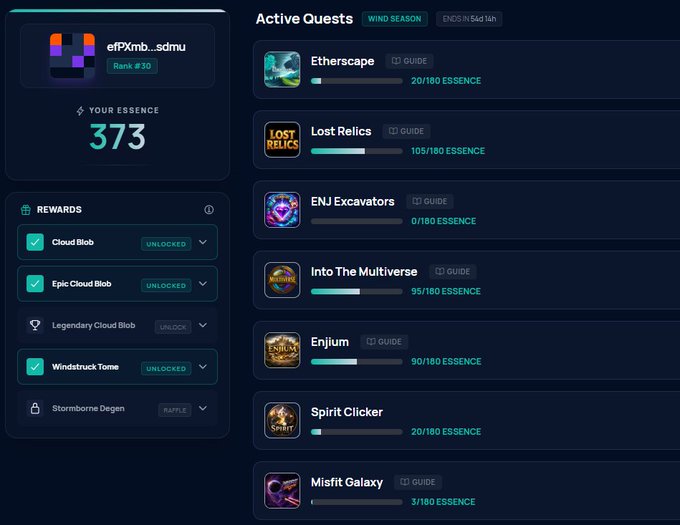 A dark-themed user dashboard showing an account named 'effXmb...sdmu' at Rank #30 with 373 Essence and various rewards including 'Cloud Blob', 'Epic Cloud Blob', and 'Legendary Cloud Blob'. Active quests listed include Etherscape, Lost Relics, ENJ Excavators, Into The Multiverse, Enjium, Spirit Clicker, and Misfit Galaxy.