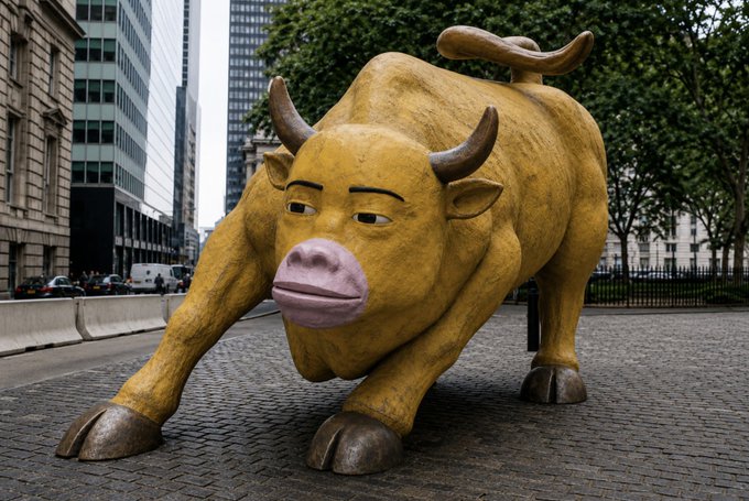 A golden bull statue with exaggerated, cartoonish features—including a large pink snout, droopy eyes, and muscular build—stands poised on a cobblestone street lined with skyscrapers. The unusual, almost comical appearance of the bull gives new meaning to "The bulls looking different this time."