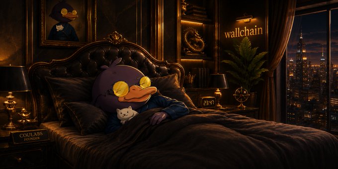 The image features a cartoon duck character lying down in bed with a pillow, wearing glasses and a tie. The background shows a city skyline at night, suggesting that this scene takes place in an urban setting. The caption of the image reads "Good night everyone is See ya tomorrow @wallchain".