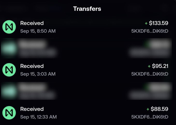 A Transfers screen showing three received payments of $133.59, $95.21, and $88.59, all on Sep 15, with the sender address starting 5KXDF6...Dik6tD.