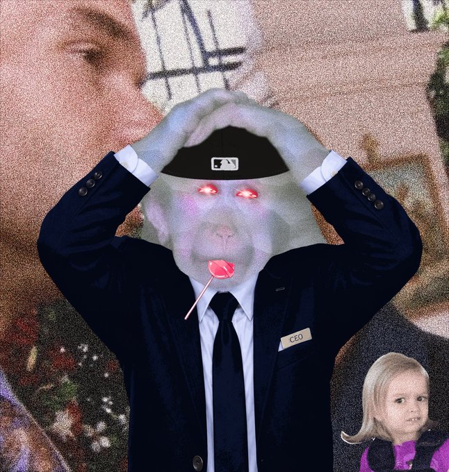A surreal image of a monkey in a suit with glowing red eyes and a lollipop, superimposed over a background of a woman and child.