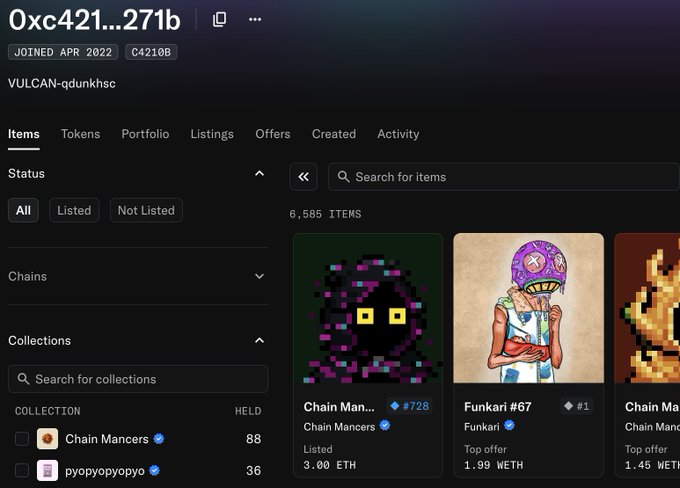 An NFT collection profile for user '0xc421...271b' showing 6,585 items including 'Chain Man...' listed at 3.00 ETH and 'Funkari #67' with a top offer of 1.99 WETH.