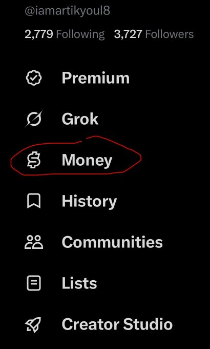 Screenshot of an X (Twitter) profile menu for @iamartikyou18 showing 2,779 Following and 3,727 Followers, with the 'Money' option circled in red.
