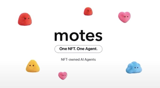 A white promotional graphic for “motes” reading “One NFT. One Agent.” and “NFT-owned AI Agents,” surrounded by small colorful blob-like characters.