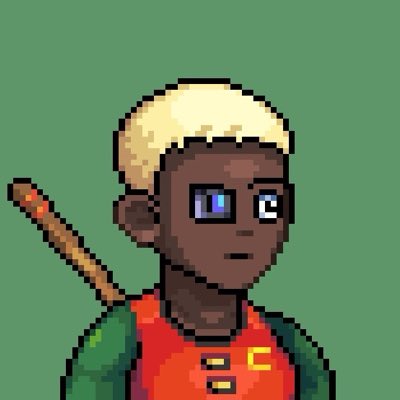 Pixel art of a dark-skinned character with short blonde hair and blue eyes, wearing an orange and green outfit, with what appears to be a weapon strapped to their back.