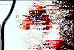 This image appears to be a glitchy, abstract artwork dominated by red, black, and white distorted pixels with vertical streaks, likely representing the digital art piece being auctioned on objkt.com. It visually reflects the chaotic, corrupted aesthetic of NFT generative or glitch art, complementing the post's reference to a live auction curated by @NFTipi on the Tezos-based art commission platform @artcommissiontz, with a current top bid of 55 tz by @SecretariYat.