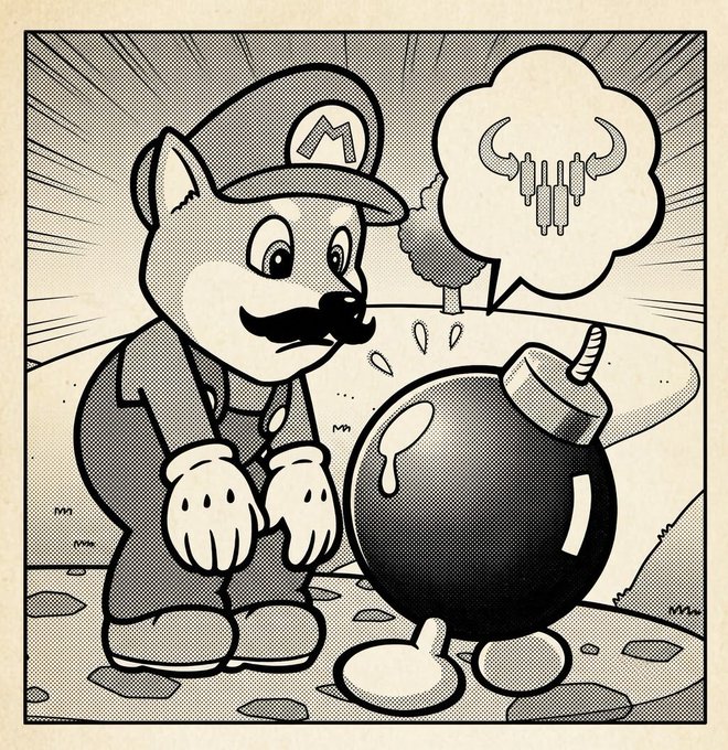A retro-style comic illustration of an anthropomorphic dog character with a mustache wearing a Mario cap, looking at a bob-omb with a thought bubble showing its explosive face.