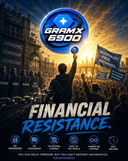 The image is a dramatic promotional poster for "GRAMX 6900," featuring a protest scene against a sunset skyline with crowds holding signs like "DECENTRALIZED FREE UNSTOPPABLE" and "NO GATEKEEPERS," while the central figure raises a "GRAMX 6900" coin emblem above the bold tagline "FINANCIAL RESISTANCE." It visually echoes the post's theme by framing the token as a rebellious, liberating force against centralized financial control, mirroring the author's enthusiasm for finding the next big TON/Gram project after profiting from the rebrand.
