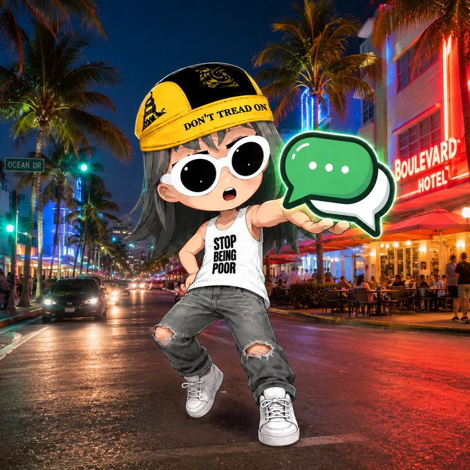 A chibi character wearing a "Don't Tread On Me" hat and a "Stop Being Poor" tank top poses on Ocean Drive at night while holding up a glowing chat bubble icon, visually representing the post's message about giving every voice—traders, devs, artists, and nobodies alike—a platform to be heard on pumpforums.fun.