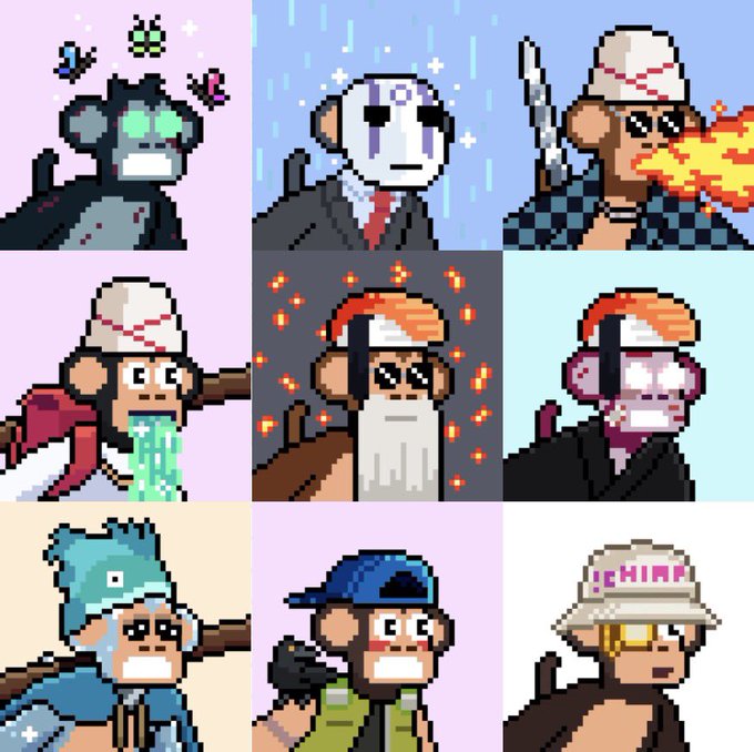 Grid of nine pixel art character portraits in various costumes and poses, including characters in suits, warrior outfits, and one labeled '!CHIMP'.