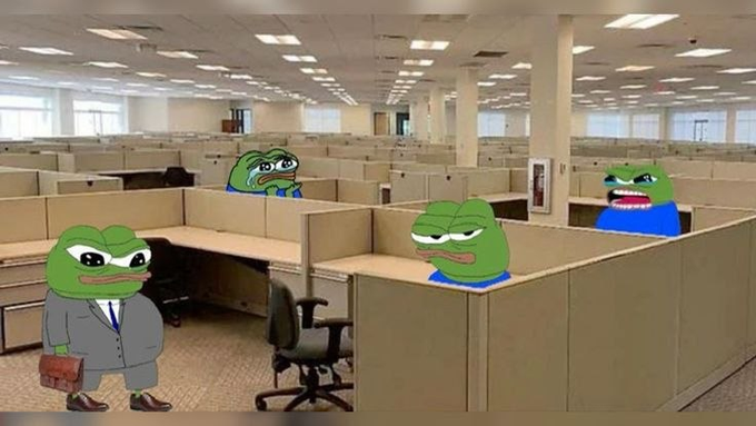 A meme image of an empty office with several Pepe the Frog characters sitting at cubicles.