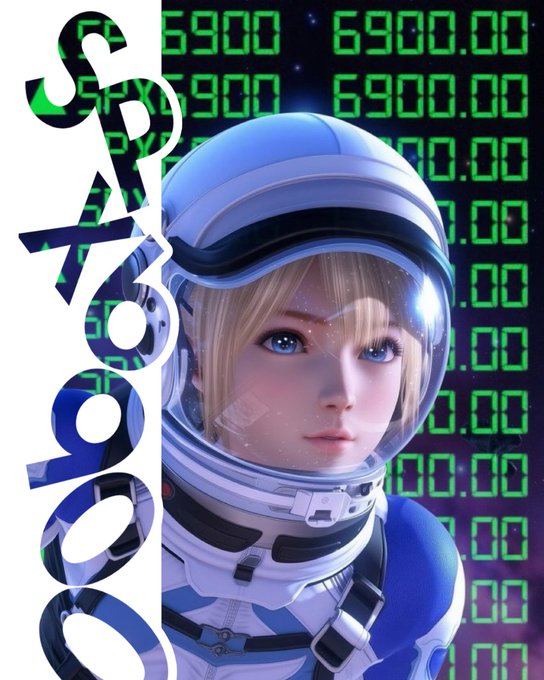 A digital illustration of an astronaut in a blue and white space suit with a clear helmet, set against a dark background displaying the green digital text '6900.00'.