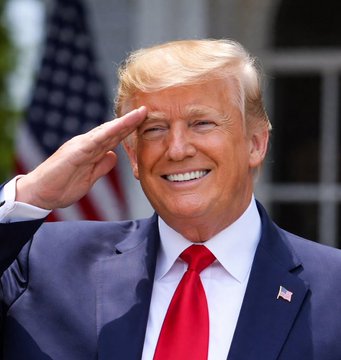 President Donald Trump smiles and salutes while wearing a navy suit with a red tie in front of an American flag, visually anchoring the post's report about potential U.S. Bitcoin reserve action under his leadership.