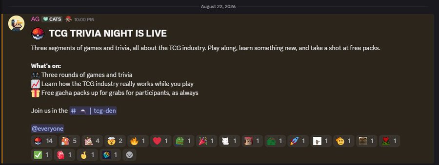 Discord screenshot from AG server dated August 22, 2026, announcing 'TCG TRIVIA NIGHT IS LIVE' with details about three rounds of games and free gacha pack giveaways.