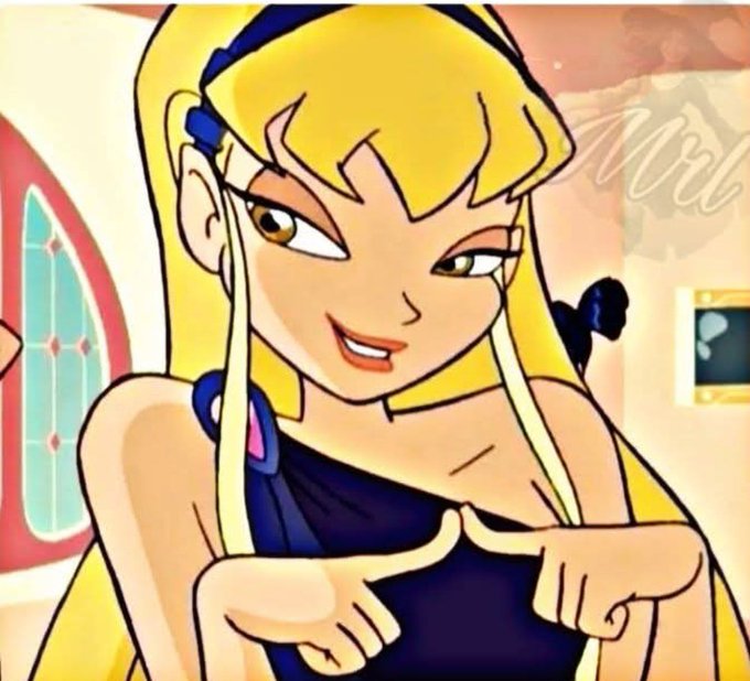 An anime-style illustration of a blonde female character with blue hair accessories, wearing a dark blue top and smiling, with a 'TW' watermark visible.