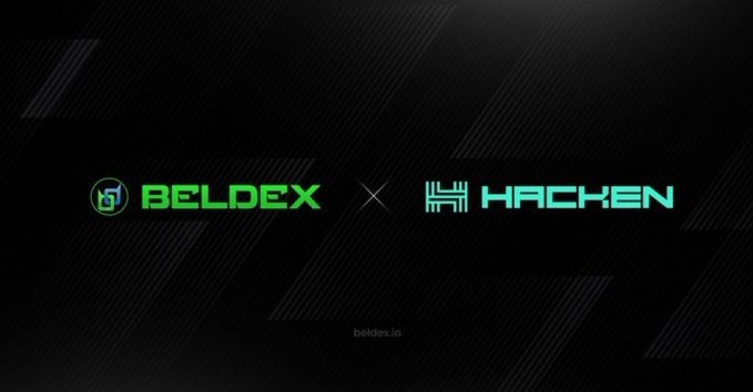 A dark promotional banner displaying logos for 'BELDEX' and 'HACKEN' in neon green text, separated by an 'X' symbol, with 'beldex.io' written below.