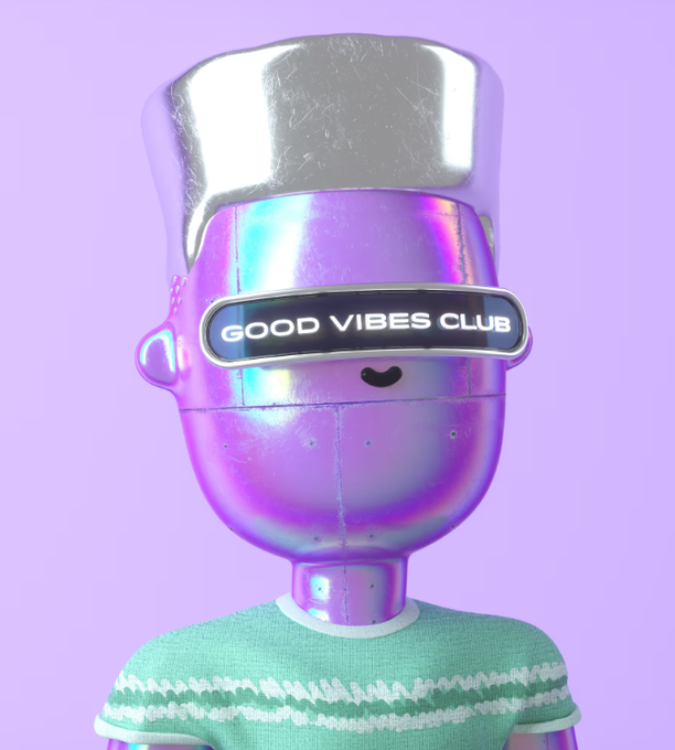 A 3D rendering of a purple metallic robot figure wearing a green textured shirt and a futuristic visor displaying the text 'GOOD VIBES CLUB'.