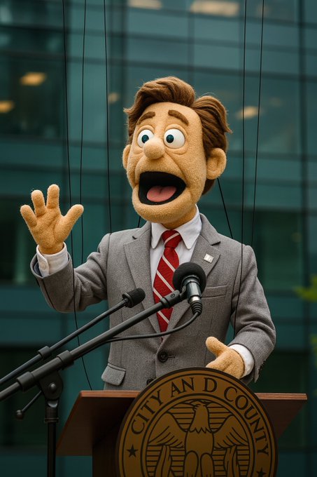 A Muppet-style puppet with brown hair, wearing a gray suit and red striped tie, gestures with raised hands while standing at a podium with microphones; the podium seal reads 'CITY AND COUNTY'.
