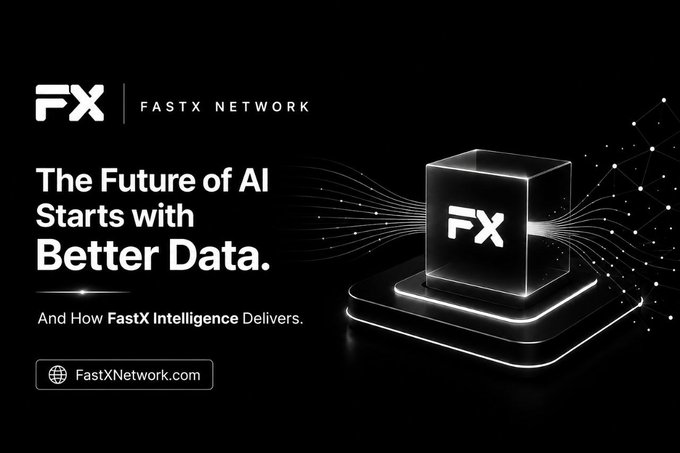 A FastX Network advertisement with the tagline 'The Future of AI Starts with Better Data. And How FastX Intelligence Delivers.' showing the FX logo on a glowing 3D cube.
