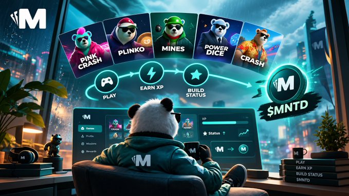 A digital illustration of a panda character in a hoodie gaming on a console, with a floating interface displaying games like 'PLINKO', 'MINES', 'POWER DICE', 'CRASH', and 'PINK CRASH', along with text 'PLAY', 'EARN XP', 'BUILD STATUS', and the token ticker '$MNTD' next to an 'M' logo.
