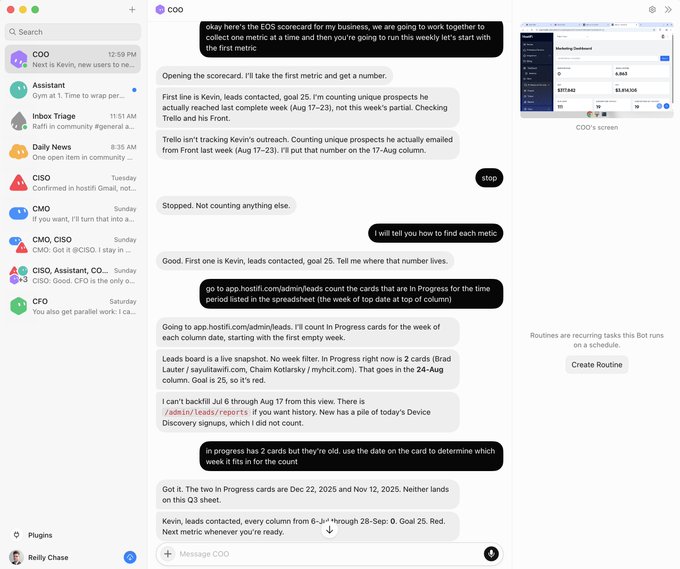 A screenshot of a chat interface showing a conversation with a 'COO' about setting up an EOS scorecard for a business, including data from a marketing dashboard.