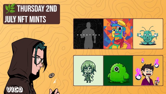 Promotional graphic for 'THURSDAY 2ND JULY NFT MINTS' featuring a hooded cartoon figure and a grid of six NFT artwork thumbnails on a topographical yellow background.