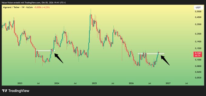 A TradingView weekly candlestick chart of Algorand/Tether (ALGOUSDT) showing price action from 2023 to 2027, with two black arrows pointing to similar resistance levels near $0.14.