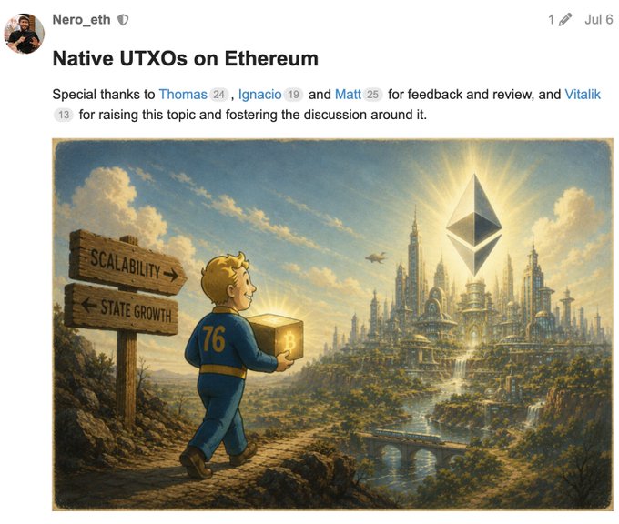 A social media post by Nero_eth titled "Native UTXOs on Ethereum" featuring an AI-generated illustration of a boy in blue clothing carrying a box labeled "B" past a signpost pointing to "SCALABILITY" and "STATE GROWTH" toward a glowing Ethereum-themed city.