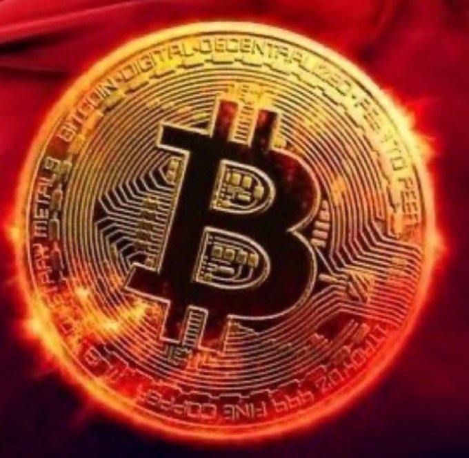 A glowing golden Bitcoin coin set against a fiery red background, displaying the iconic 'B' symbol and circuit-like designs.