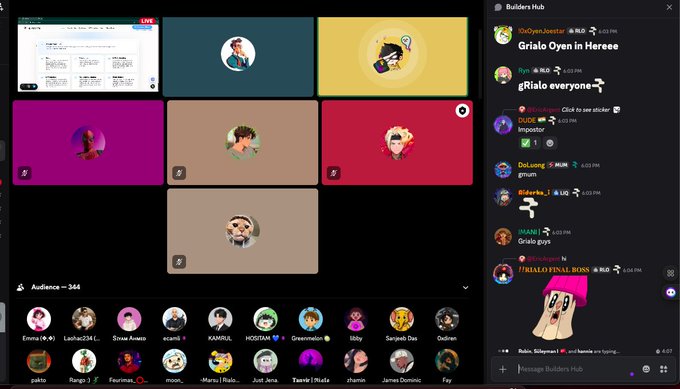 A Twitter/X Spaces live audio conversation interface showing multiple participant tiles with avatars, a chat sidebar with messages like 'Grialo everyone' and 'Grialo guys', and an audience count of 344.