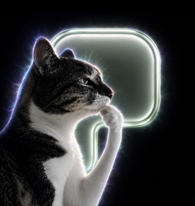 A striking image of a black and white cat in a contemplative 'thinking' pose against a dark background, positioned next to a glowing green neon speech bubble.